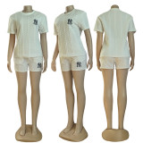 Solid Knitted Jacquard Summer Round Neck Pullover Shorts Sportswear Set