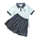 Casual Embroidered Sports Lapel Short Sleeve Pleated Skirt Set
