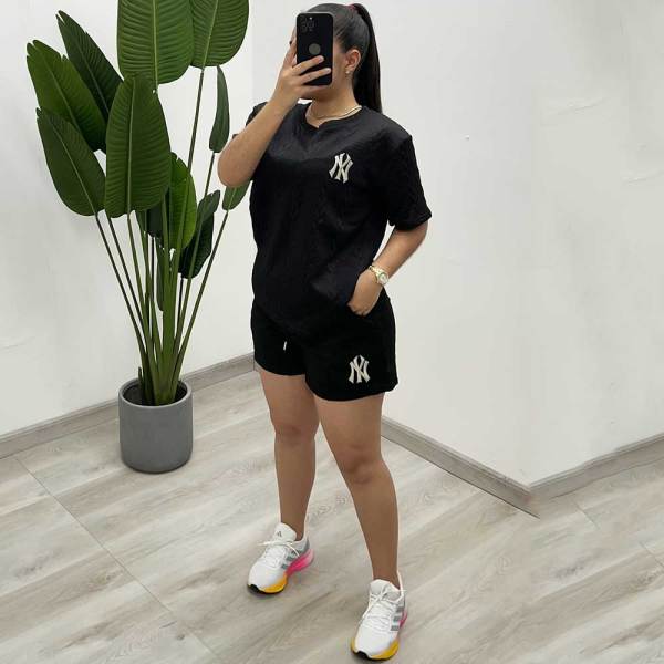 Solid Knitted Jacquard Summer Round Neck Pullover Shorts Sportswear Set