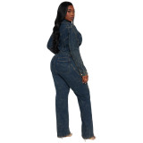 Loose Elastic Washed Long Sleeve Patchwork Denim Jumpsuit