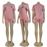 Solid Knitted Jacquard Summer Round Neck Pullover Shorts Sportswear Set