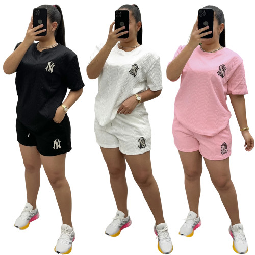 Solid Knitted Jacquard Summer Round Neck Pullover Shorts Sportswear Set