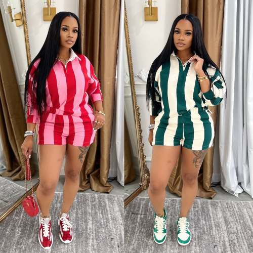 Casual Striped Lapel Top High Waist Shorts Set