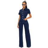 Loose Elastic Bodysuit Wide Leg Pants Flare Washed Short Sleeve Denim Jumpsuit