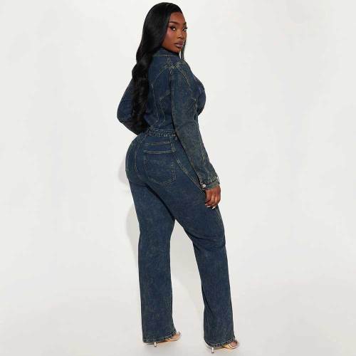 Loose Elastic Washed Long Sleeve Patchwork Denim Jumpsuit