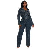 Loose Elastic Washed Long Sleeve Patchwork Denim Jumpsuit