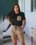 Casual Plaid Ladies Summer Short Set with Patchwork Pocket
