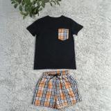 Casual Plaid Ladies Summer Short Set with Patchwork Pocket