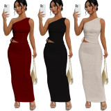 Casual Single Shoulder Drawstring Vest & Long Skirts