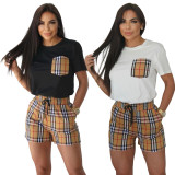 Casual Plaid Ladies Summer Short Set with Patchwork Pocket