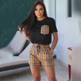 Casual Plaid Ladies Summer Short Set with Patchwork Pocket