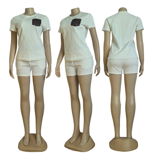 Casual Stretch Jacquard Short Sleeve T-shirt Shorts Set With Pocket
