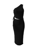 Casual Single Shoulder Drawstring Vest & Long Skirts