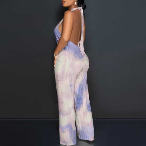 1 Custom Casual Digital Printing Sleeveless V-Neck Halter Wide Leg Jumpsuit (With Pockets)