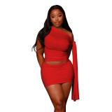 Summer Casual Women's Oblique Shoulder Sleeveless Short Skirt Set