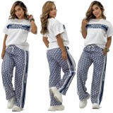 Summer Jacquard Short Sleeve T-shirt Stretch Lace-Up Wide-leg Pants