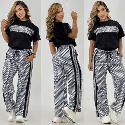 Summer Jacquard Short Sleeve T-shirt Stretch Lace-Up Wide-leg Pants