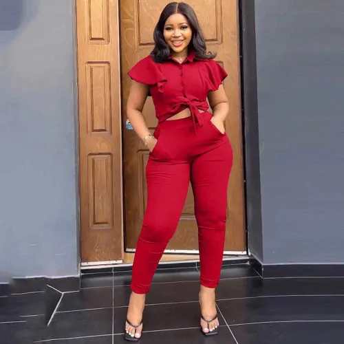 Sexy Lapel Ruffle Sleeves Single-breasted Buttoned Top and Pant Set