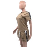 Summer Embossed Embroidery Belt Short Sleeve Sportswear Short Set