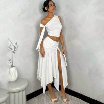 Summer Graduation Asymmetric Strap Top + Hem High Slit Gathered Skirt Set
