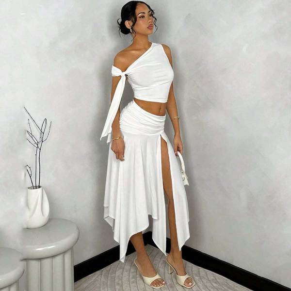 Summer Graduation Asymmetric Strap Top + Hem High Slit Gathered Skirt Set