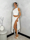 Summer Graduation Asymmetric Strap Top + Hem High Slit Gathered Skirt Set