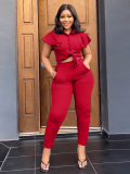 Sexy Lapel Ruffle Sleeves Single-breasted Buttoned Top and Pant Set