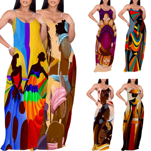 1 Custom Casual Digital Printing Straps Long Dresses with Pockets