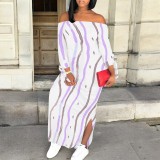 1 Custom Casual Digital Printing Long Sleeve Off Shoulder Slit Maxi Dress