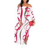 1 Custom Casual Digital Printing Long Sleeve Off Shoulder Slit Maxi Dress
