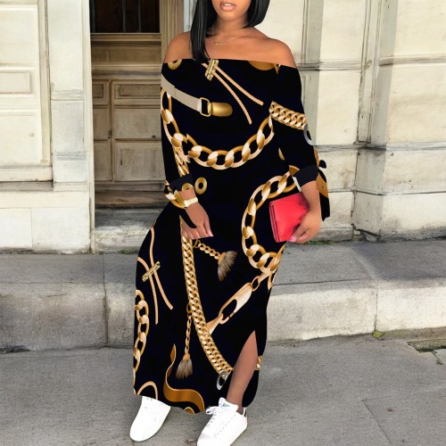 1 Custom Casual Digital Printing Long Sleeve Off Shoulder Slit Maxi Dress