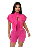 Summer Washed Vest Rompers two-piece set With Short Sleeve Jacket