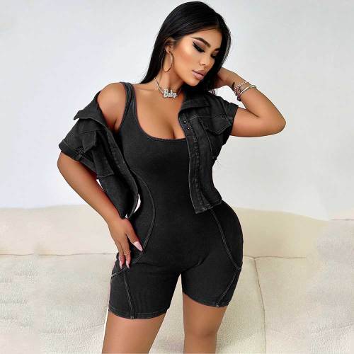 Summer Washed Vest Rompers two-piece set With Short Sleeve Jacket