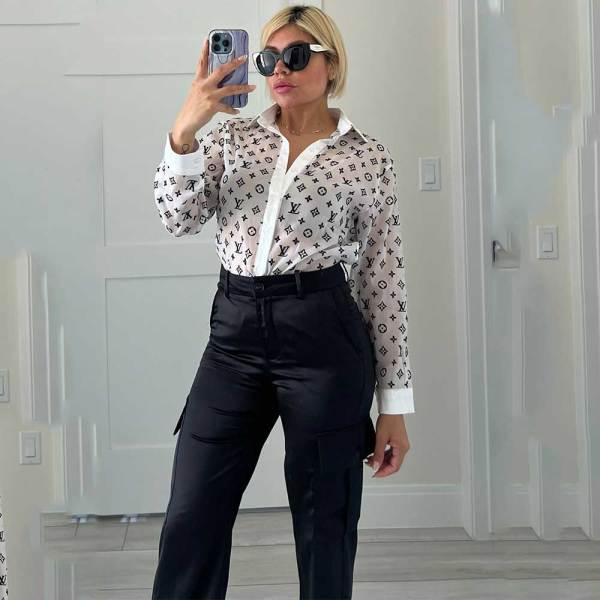 Imitation Silk Sewing Ladies Chiffon Cassic Print Shirt