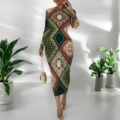 1 Custom Casual Digital Printing Long Sleeve Long Dresses