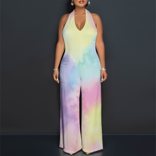 1 Custom Casual Digital Printing Halter Backless One Piece Jumpsuits