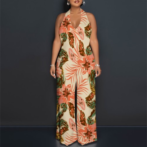 1 Custom Casual Digital Printing Halter Backless One Piece Jumpsuits