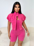 Summer Washed Vest Rompers two-piece set With Short Sleeve Jacket