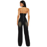 Casual Stretch Washed Denim Halter Jumpsuit