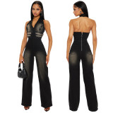Casual Stretch Washed Denim Halter Jumpsuit