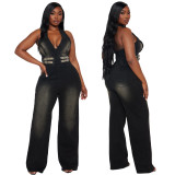 Casual Stretch Washed Denim Halter Jumpsuit