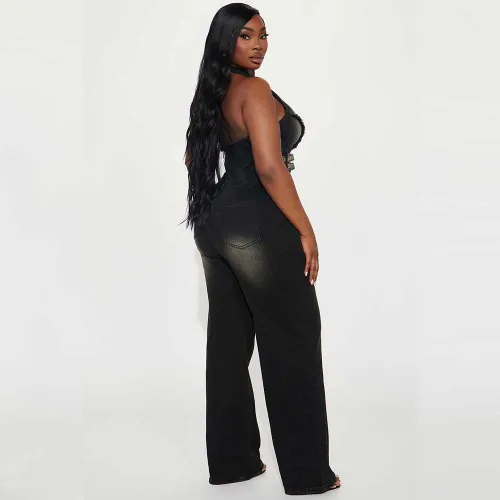Casual Stretch Washed Denim Halter Jumpsuit