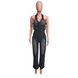 Casual Stretch Washed Denim Halter Jumpsuit