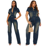 Slim Stretch Washed Denim Straight Jumpsuit