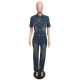 Slim Stretch Washed Denim Straight Jumpsuit
