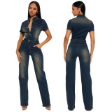 Slim Stretch Washed Denim Straight Jumpsuit