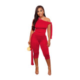 Casual Oblique Shoulder Bandage Solid Color Short Set