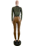 Women's Round Neck Long Sleeve Leopard Print High Waist Leather Pants Set