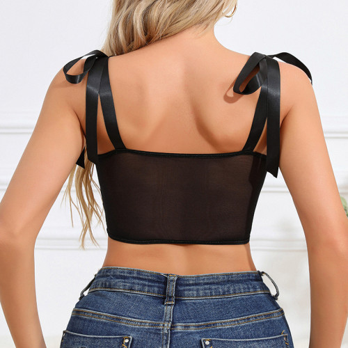 Solid Mesh Adjustable Straps Sexy Black Corset Bustier with Lace Ruffle Hem