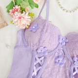 Lace Purple Body Shaping Strap Embroidery Perspective One Piece Bustier Bodysuit